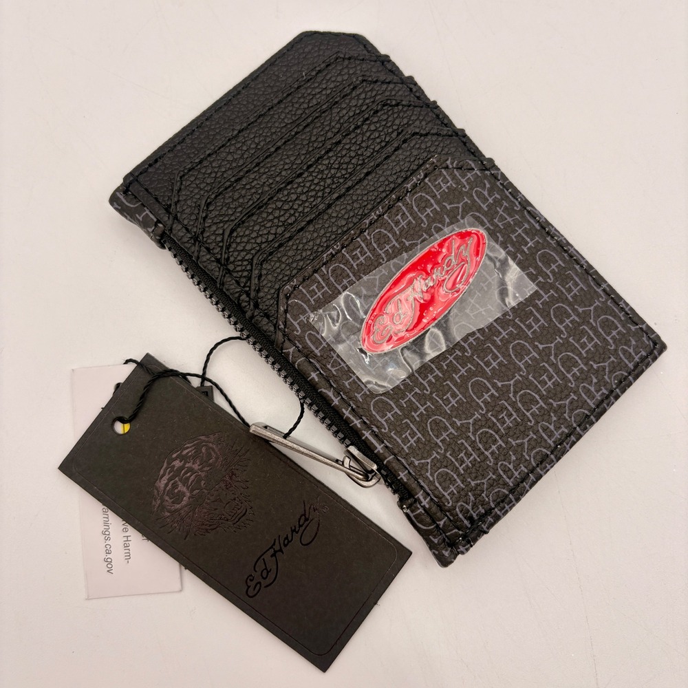 Ed Hardy Skull Rose Heart Butterfly Zip Card‎ Holder Wallet Black Tattoo - Picture 3 of 5